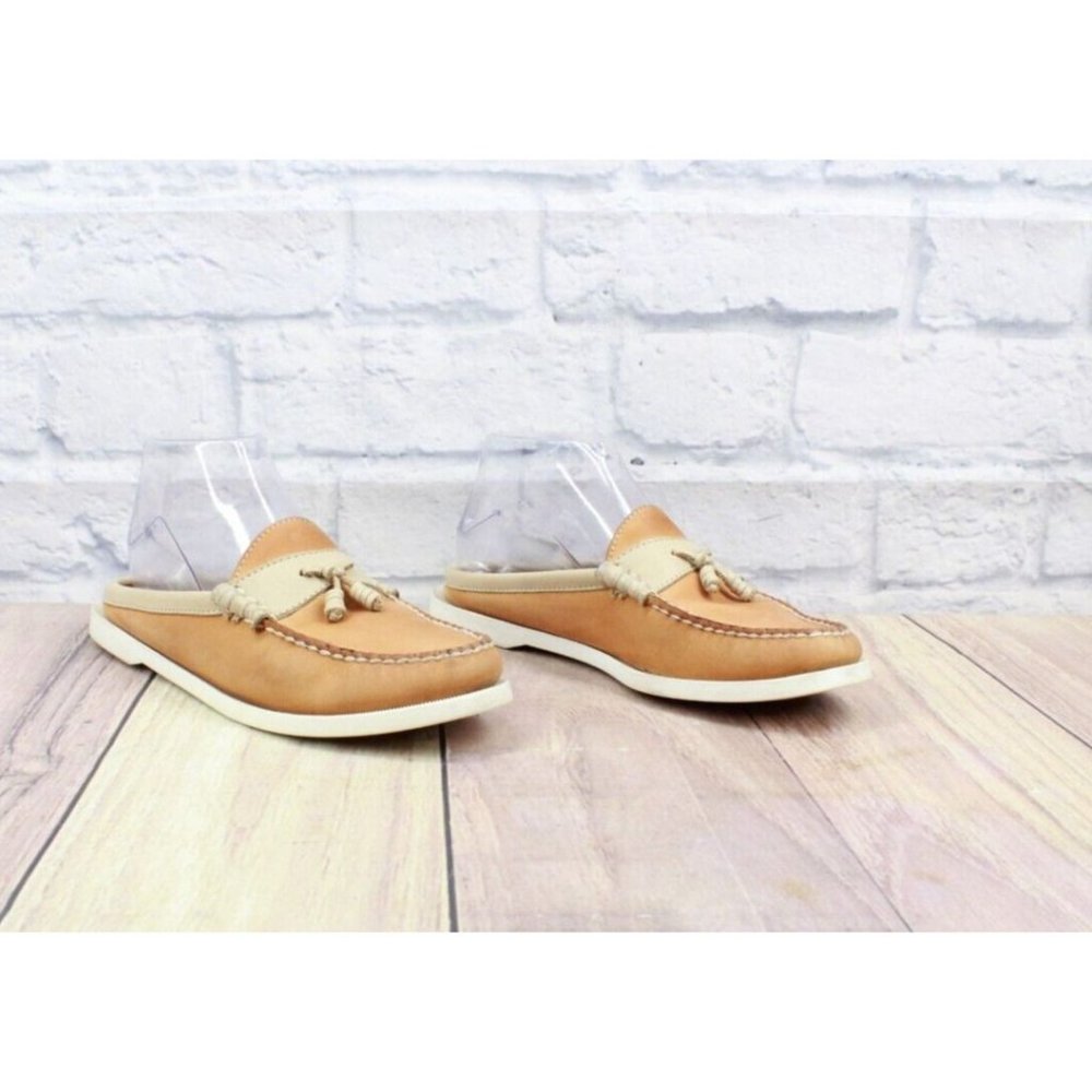 LL Bean Tan Leather Mule Flat Slide Moc Toe Open Back Loafer Size 6 M - Picture 3 of 9